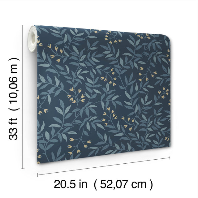 Senna Navy Budding Vines Wallpaper with Metallic Botanical Vine Pattern, Farmhouse Style - Chesapeake 4134-72520