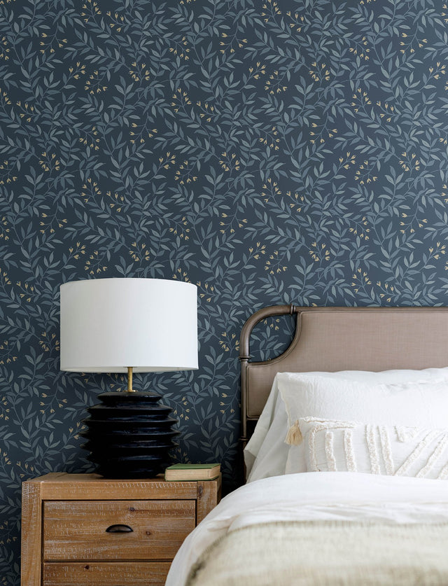 Senna Navy Budding Vines Wallpaper with Metallic Botanical Vine Pattern, Farmhouse Style - Chesapeake 4134-72520