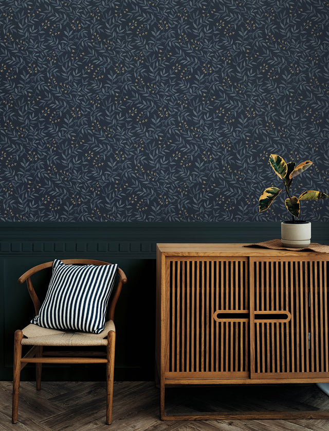 Senna Navy Budding Vines Wallpaper with Metallic Botanical Vine Pattern, Farmhouse Style - Chesapeake 4134-72520