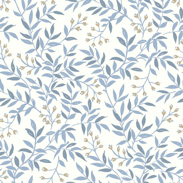 Senna Blue Budding Vines Wallpaper with Metallic Botanical Vines - Chesapeake 4134-72521