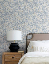 Senna Blue Budding Vines Wallpaper with Metallic Botanical Vines - Chesapeake 4134-72521