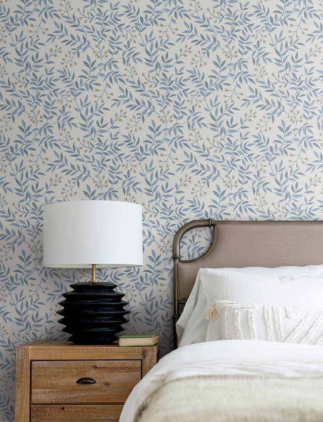 Senna Blue Budding Vines Wallpaper with Metallic Botanical Vines - Chesapeake 4134-72521