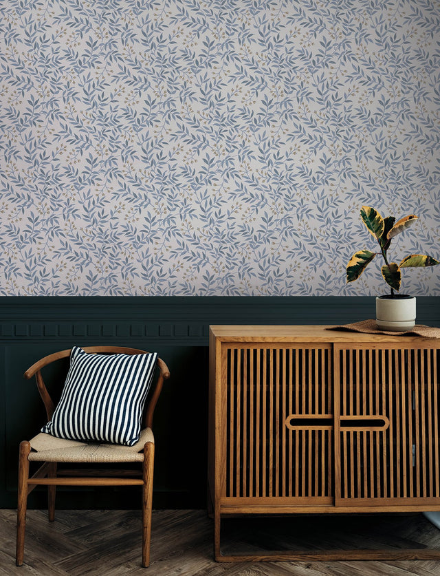 Senna Blue Budding Vines Wallpaper with Metallic Botanical Vines - Chesapeake 4134-72521