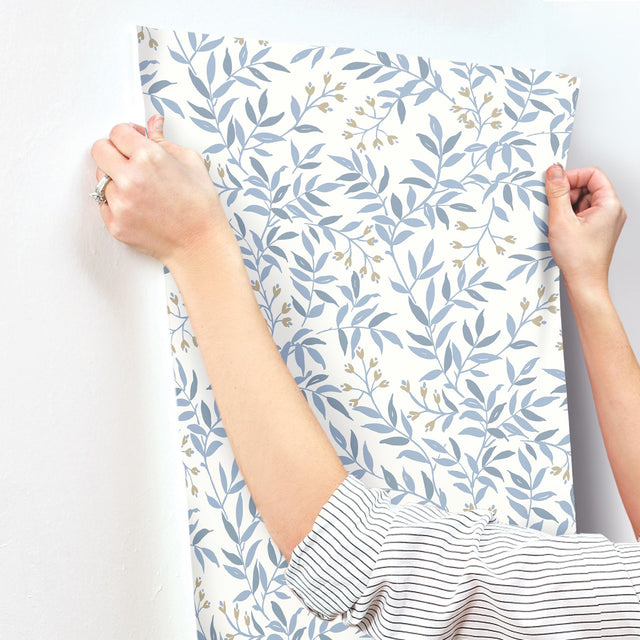 Senna Blue Budding Vines Wallpaper with Metallic Botanical Vines - Chesapeake 4134-72521