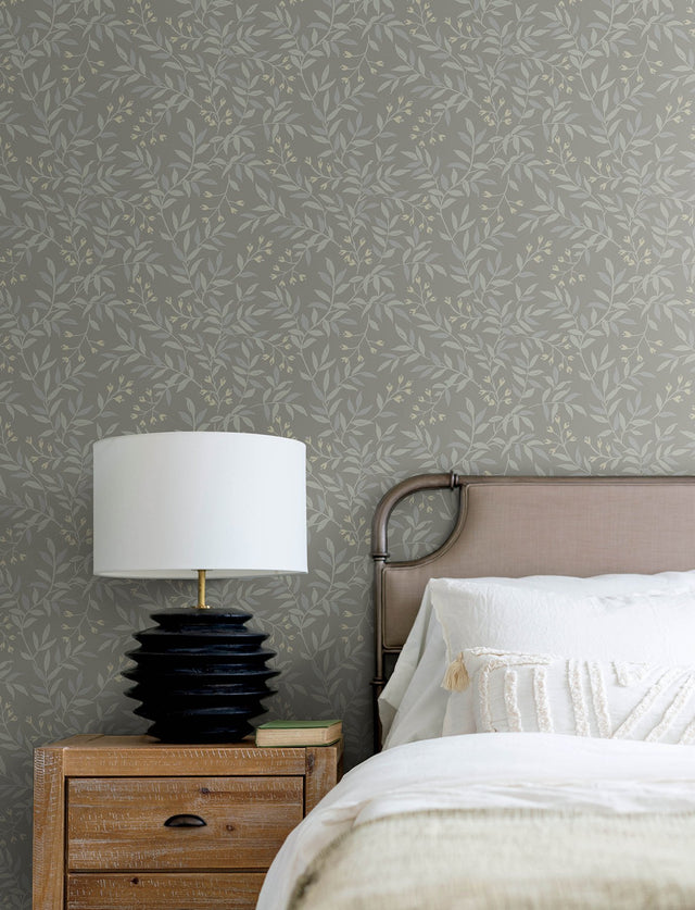 Senna Silver Budding Vines Wallpaper with Metallic Botanical Vine Pattern - Chesapeake 4134-72522