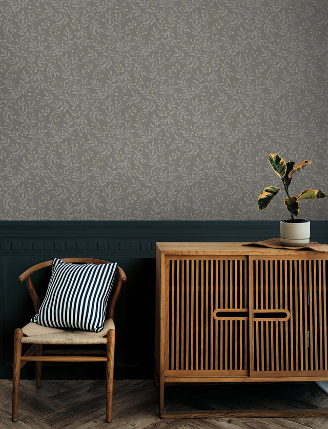 Senna Silver Budding Vines Wallpaper with Metallic Botanical Vine Pattern - Chesapeake 4134-72522