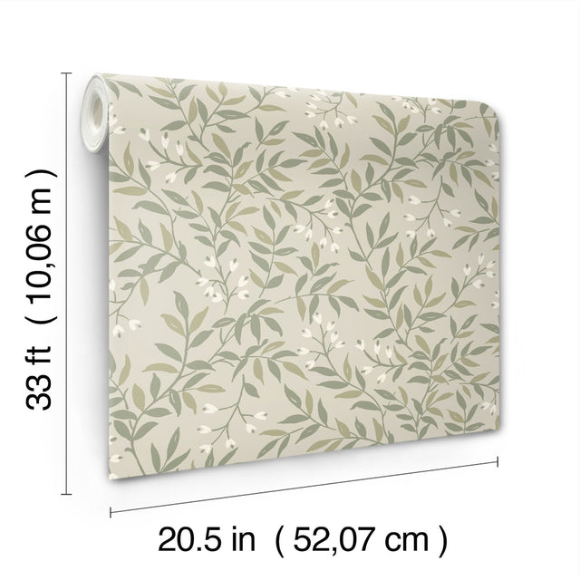 Senna Green Budding Vines Wallpaper with Botanical Vine Pattern, Farmhouse Style - Chesapeake 4134-72523