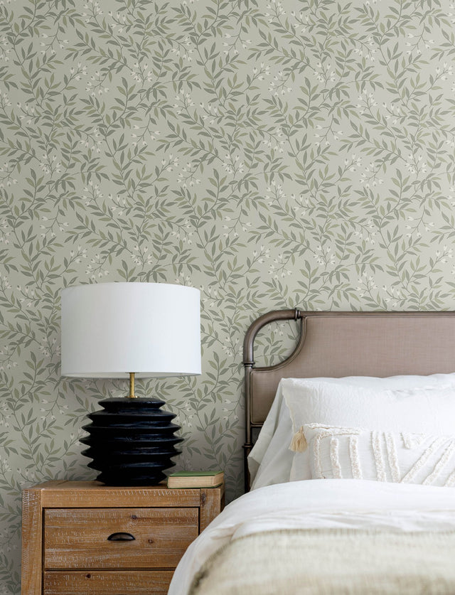 Senna Green Budding Vines Wallpaper with Botanical Vine Pattern, Farmhouse Style - Chesapeake 4134-72523