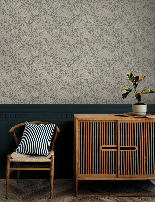Senna Green Budding Vines Wallpaper with Botanical Vine Pattern, Farmhouse Style - Chesapeake 4134-72523