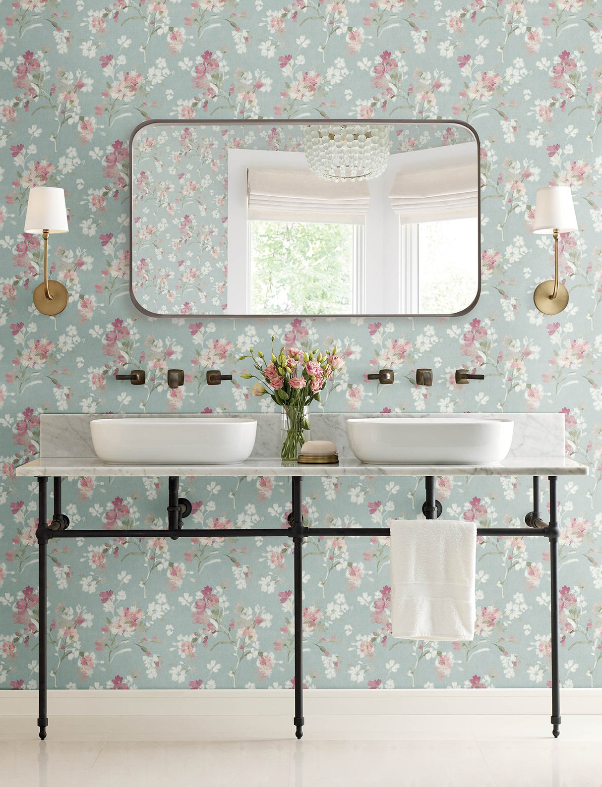 Azalea Fuchsia Floral Branches Wallpaper with Botanical Flowers Pattern, Farmhouse Sure Strip - Chesapeake 4134-72525