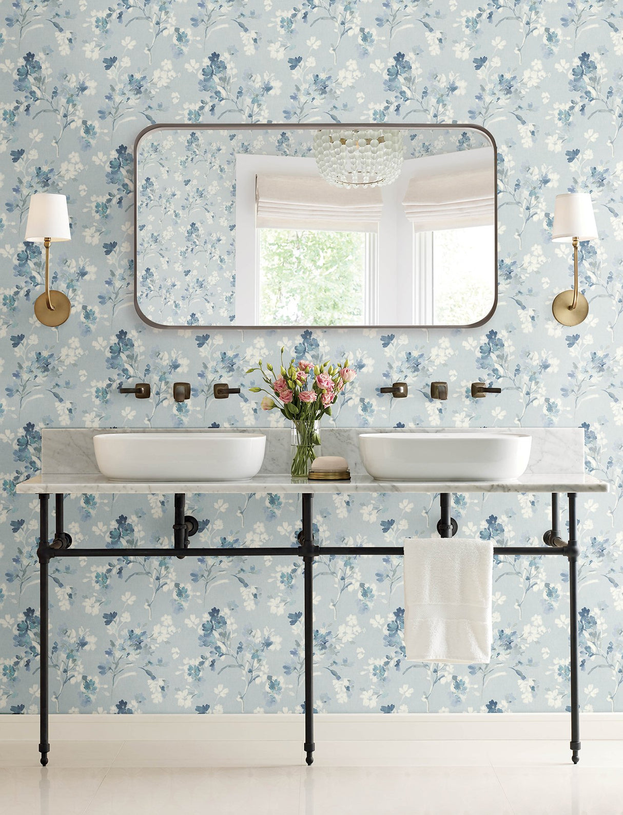 Azalea Light Blue Floral Branches Wallpaper with Botanical Farmhouse Style - Chesapeake 4134-72526