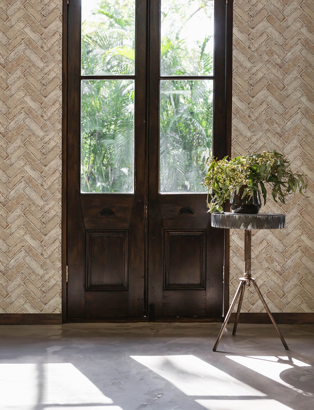 Canelle Rust Brick Herringbone Wallpaper with Country Rustic Sure Strip Texture - Chesapeake 4134-72530
