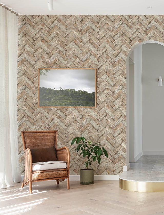 Canelle Rust Brick Herringbone Wallpaper with Country Rustic Sure Strip Texture - Chesapeake 4134-72530