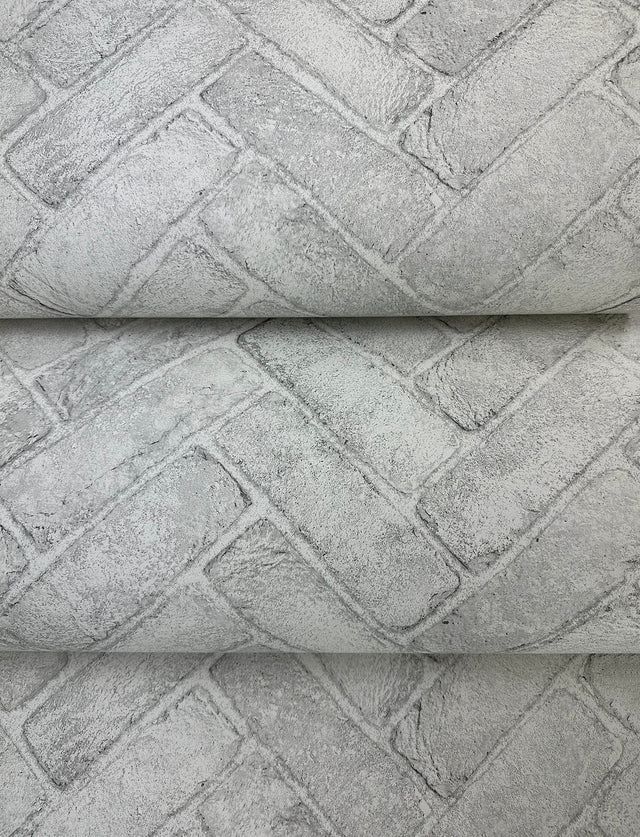 Canelle White Brick Herringbone Wallpaper with Country Graphics Pattern - Chesapeake 4134-72532