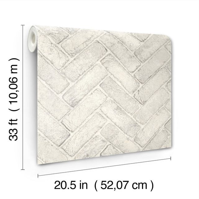 Canelle White Brick Herringbone Wallpaper with Country Graphics Pattern - Chesapeake 4134-72532