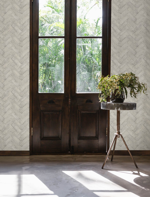Canelle White Brick Herringbone Wallpaper with Country Graphics Pattern - Chesapeake 4134-72532