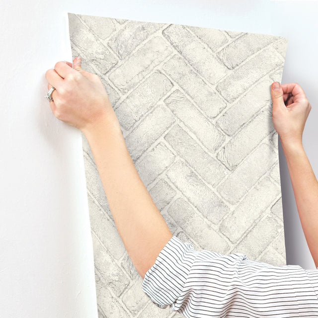 Canelle White Brick Herringbone Wallpaper with Country Graphics Pattern - Chesapeake 4134-72532