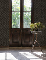 Canelle Black Brick Herringbone Wallpaper with Textured Raised Ink - Chesapeake 4134-72533