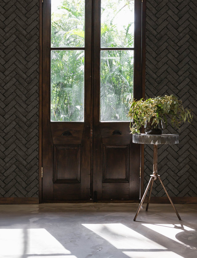 Canelle Black Brick Herringbone Wallpaper with Textured Raised Ink - Chesapeake 4134-72533
