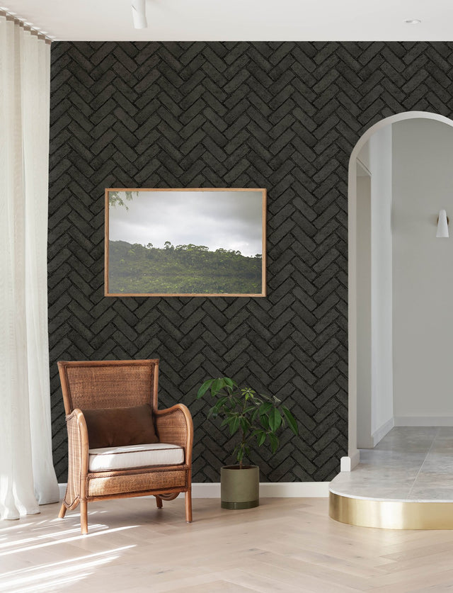 Canelle Black Brick Herringbone Wallpaper with Textured Raised Ink - Chesapeake 4134-72533