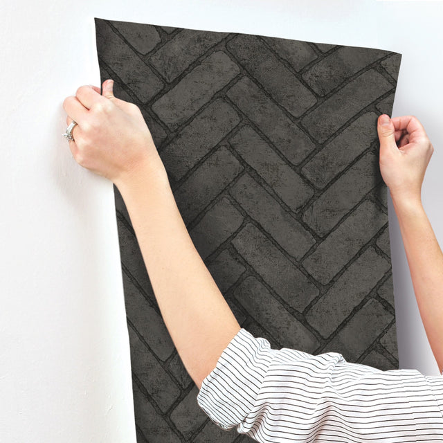 Canelle Black Brick Herringbone Wallpaper with Textured Raised Ink - Chesapeake 4134-72533