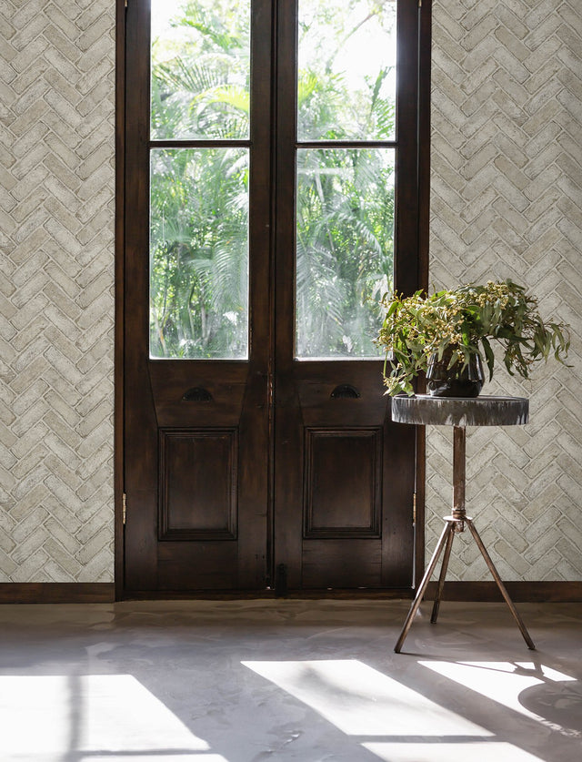 Canelle Taupe Brick Herringbone Wallpaper with Country Graphic Pattern - Chesapeake 4134-72534