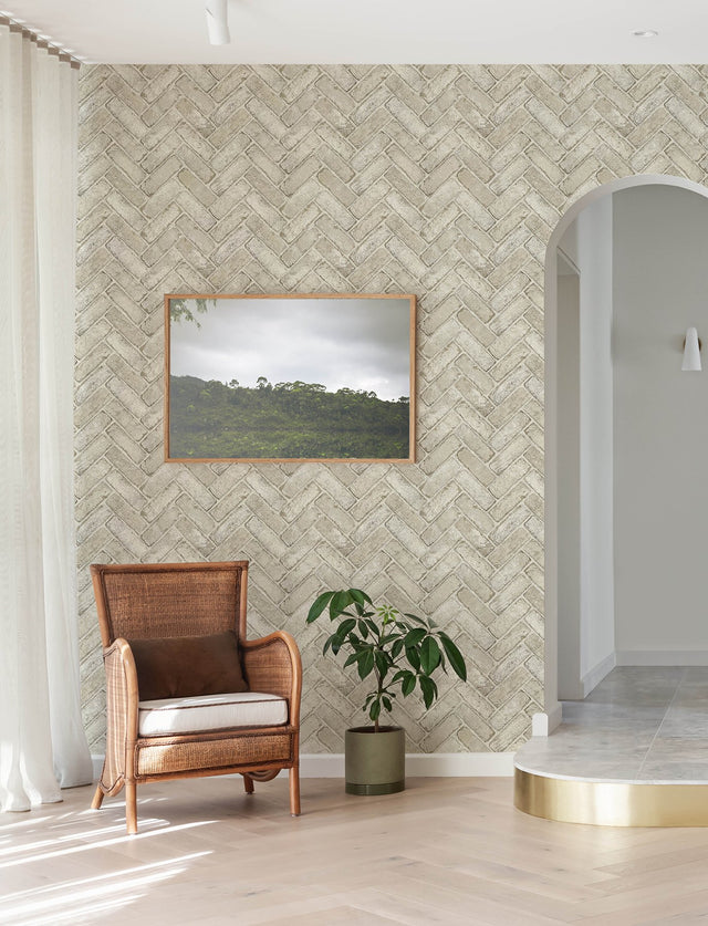Canelle Taupe Brick Herringbone Wallpaper with Country Graphic Pattern - Chesapeake 4134-72534