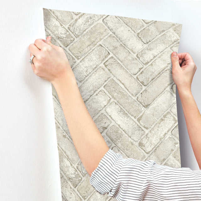 Canelle Taupe Brick Herringbone Wallpaper with Country Graphic Pattern - Chesapeake 4134-72534