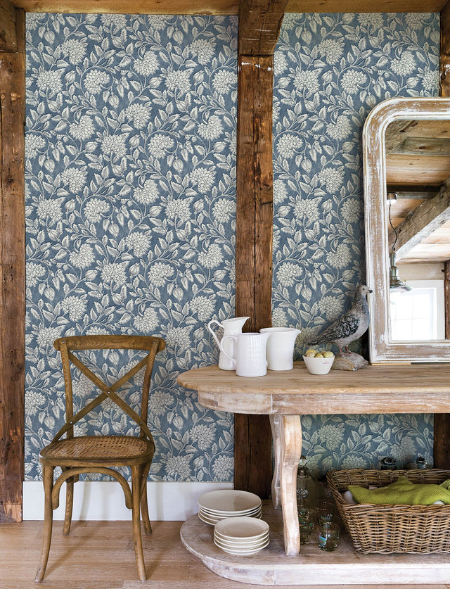 Vadouvan Navy Jacobean Trail Wallpaper with Traditional Botanical Pattern - Chesapeake 4134-72535