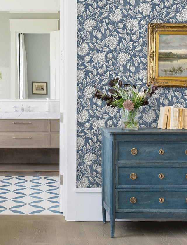 Vadouvan Navy Jacobean Trail Wallpaper with Traditional Botanical Pattern - Chesapeake 4134-72535