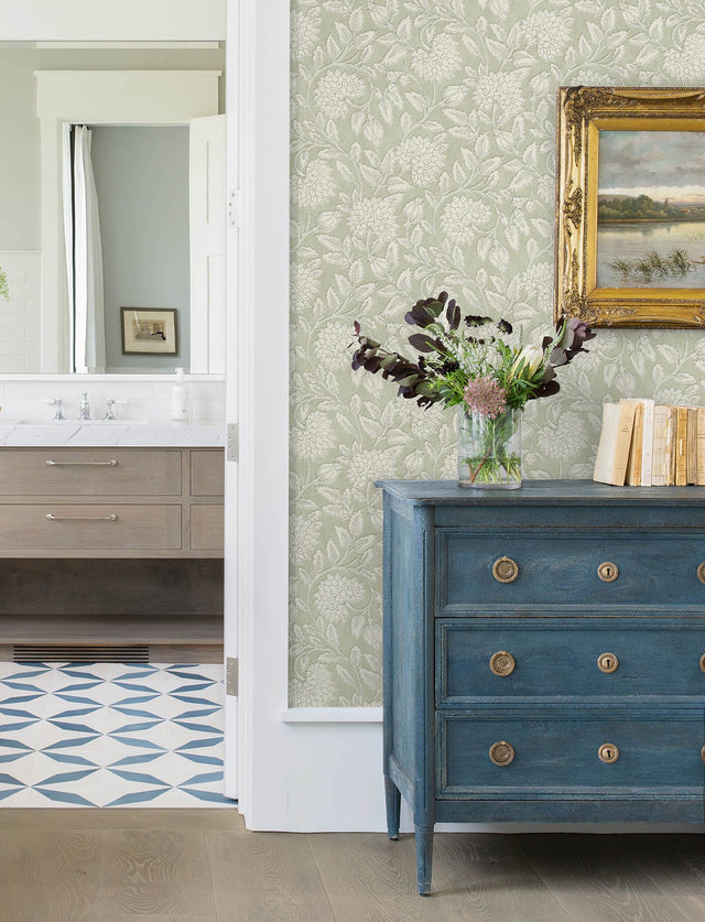 Vadouvan Sage Jacobean Trail Wallpaper with Botanical Jacobean Motif - Chesapeake 4134-72536
