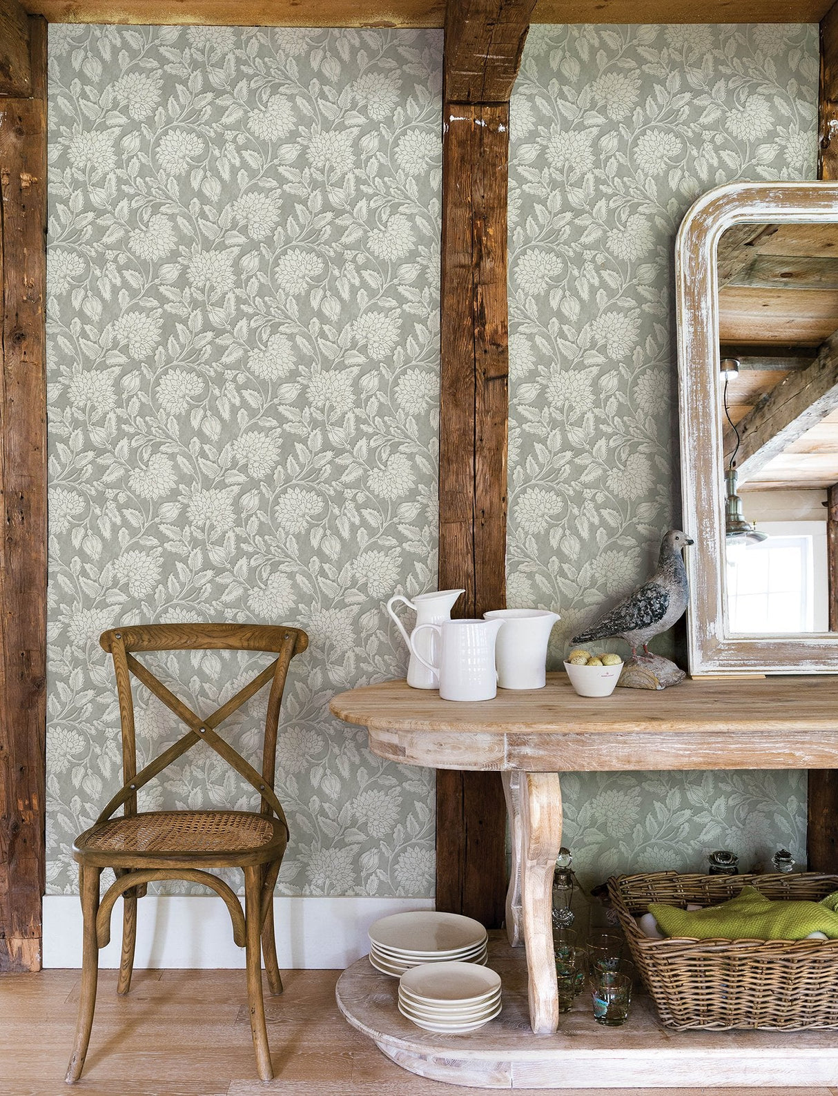 Vadouvan Grey Jacobean Trail Wallpaper with Traditional Botanical Jacobean Pattern - Chesapeake 4134-72537SAM
