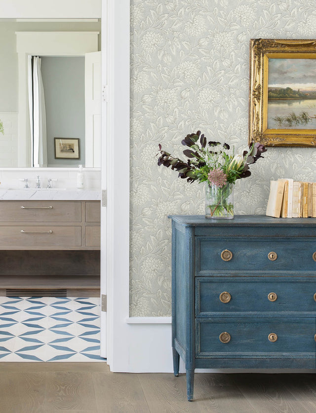 Vadouvan Light Blue Jacobean Trail Wallpaper with Traditional Botanical Jacobean Pattern - Chesapeake 4134-72539