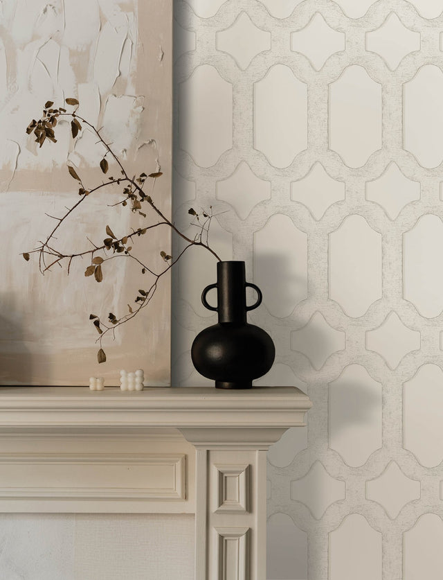 Chervil White Trellis Wallpaper with Geometric Quatrefoil Motif - Chesapeake 4134-72542