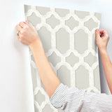 Chervil Light Grey Trellis Wallpaper with Coastal Geometric Quatrefoil Pattern - Chesapeake 4134-72544