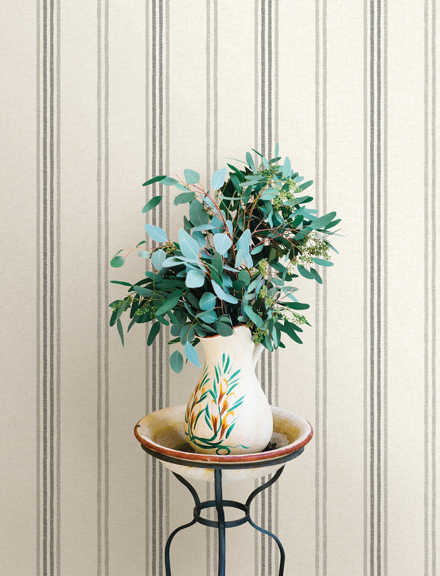 Lovage Charcoal Linen Stripe Wallpaper with Farmhouse Stripes Pattern - Chesapeake 4134-72547