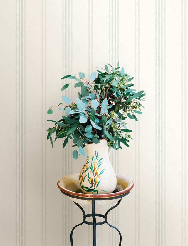 Lovage Aqua Linen Stripe Wallpaper with Stripes Pattern, Farmhouse Style - Brewster 4134-72548