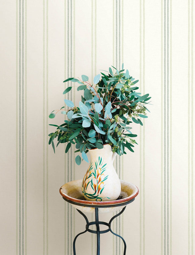 Lovage Green Linen Stripe Wallpaper with Farmhouse Stripes Pattern - Chesapeake 4134-72549