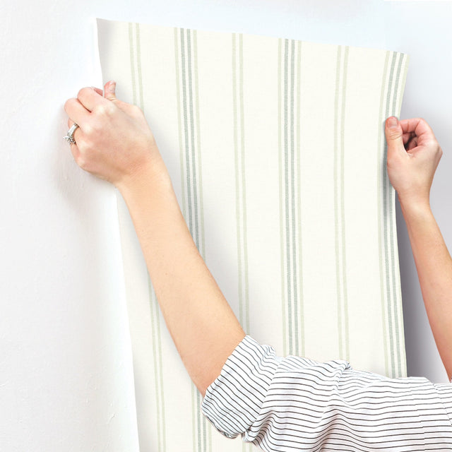 Lovage Green Linen Stripe Wallpaper with Farmhouse Stripes Pattern - Chesapeake 4134-72549