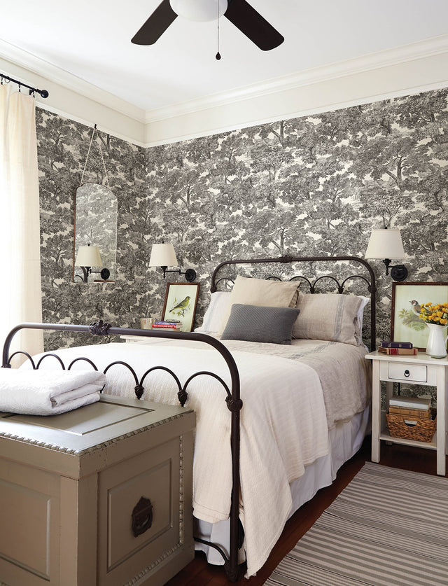 Spinney Black Toile Wallpaper with Botanical Trees Motif - Chesapeake 4134-72558