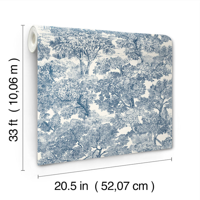 Spinney Blue Toile Wallpaper with Traditional Botanical Trees Motif - Chesapeake 4134-72559