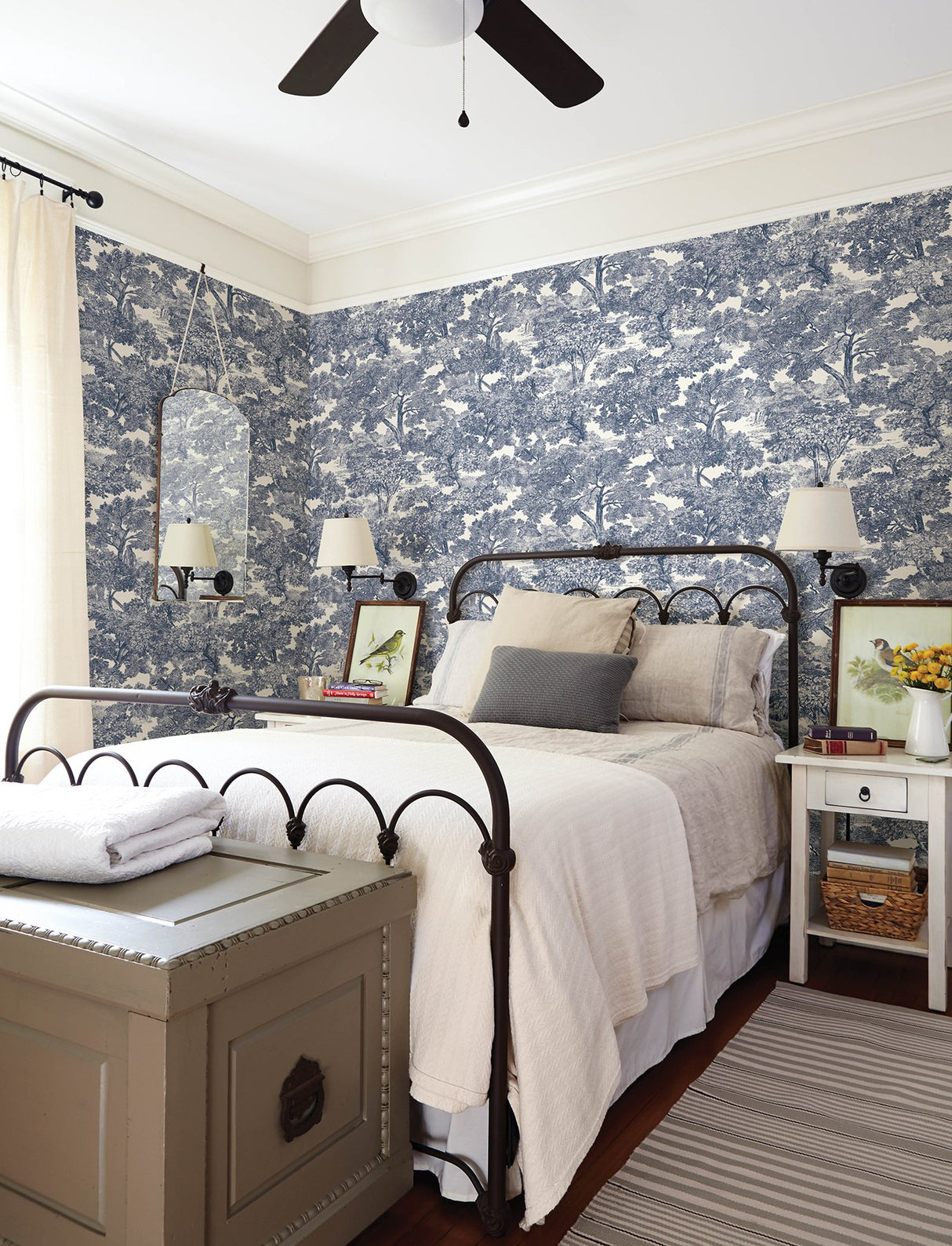 Spinney Blue Toile Wallpaper with Traditional Botanical Trees Motif - Chesapeake 4134-72559