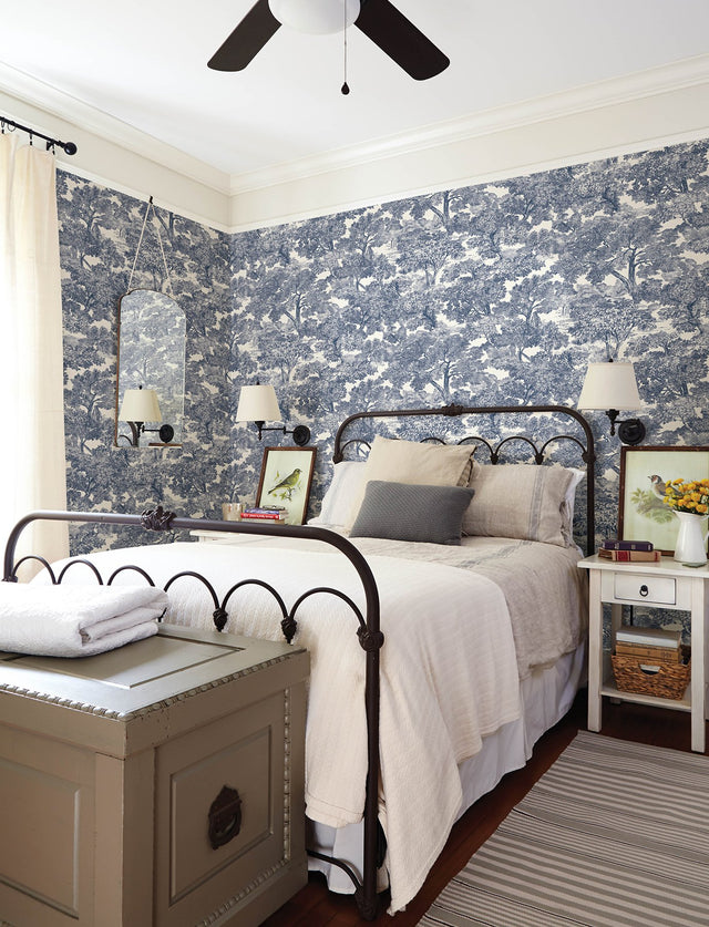 Spinney Blue Toile Wallpaper with Traditional Botanical Trees Motif - Chesapeake 4134-72559