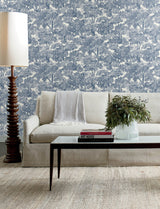 Spinney Blue Toile Wallpaper with Traditional Botanical Trees Motif - Chesapeake 4134-72559