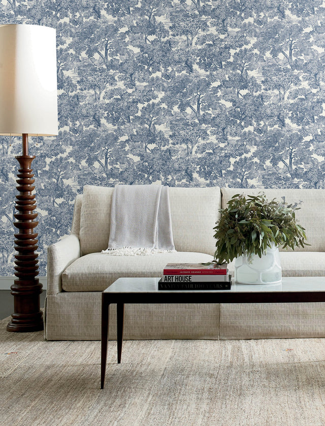 Spinney Blue Toile Wallpaper with Traditional Botanical Trees Motif - Chesapeake 4134-72559