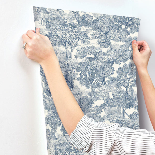 Spinney Blue Toile Wallpaper with Traditional Botanical Trees Motif - Chesapeake 4134-72559