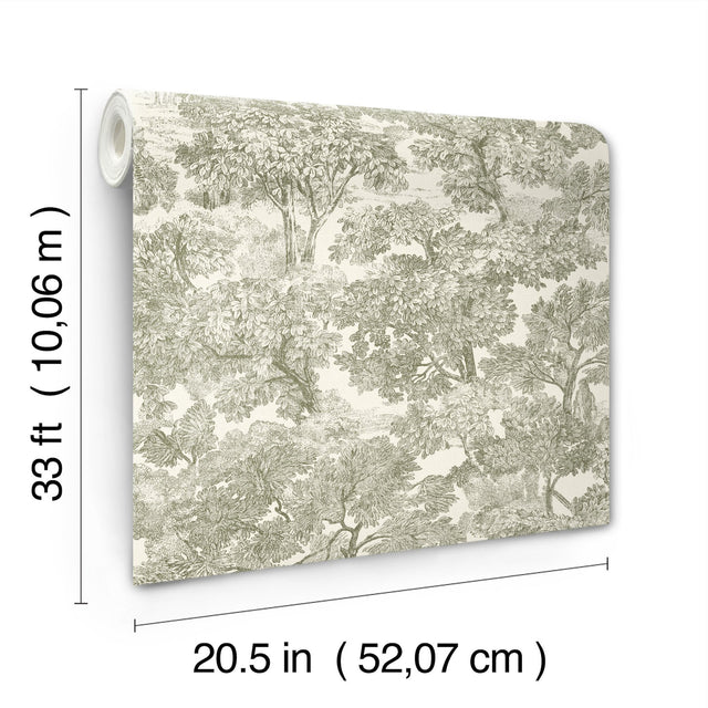 Spinney Green Toile Wallpaper with Traditional Trees Motif - Chesapeake 4134-72561