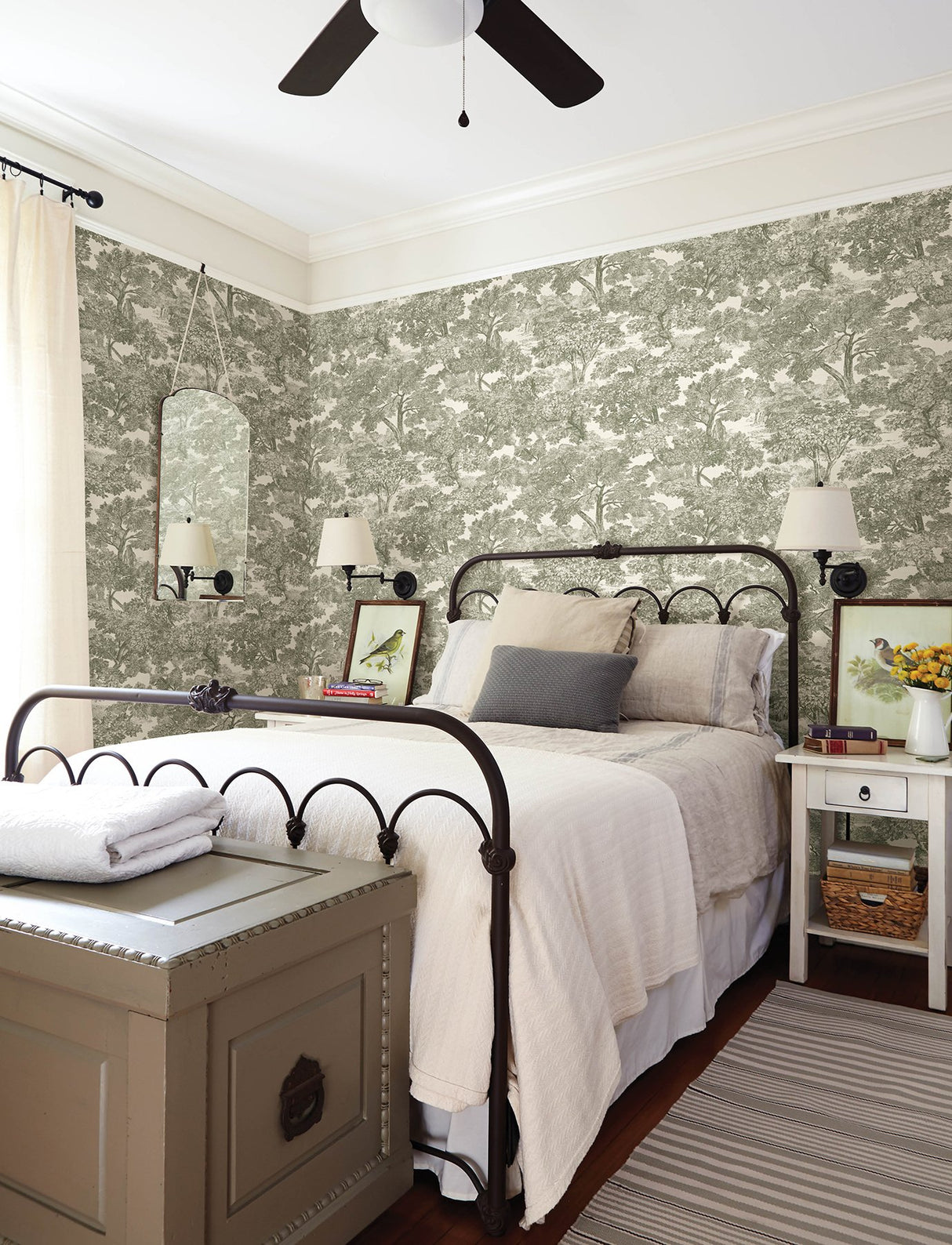 Spinney Green Toile Wallpaper with Traditional Trees Motif - Chesapeake 4134-72561