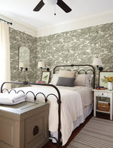 Spinney Green Toile Wallpaper with Traditional Trees Motif - Chesapeake 4134-72561