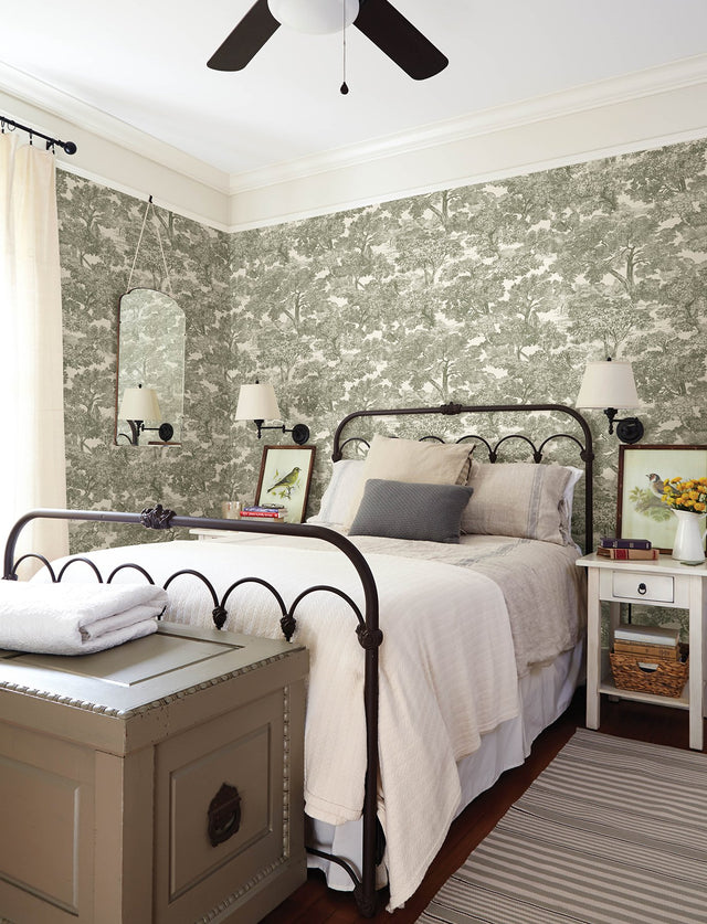 Spinney Green Toile Wallpaper with Traditional Trees Motif - Chesapeake 4134-72561